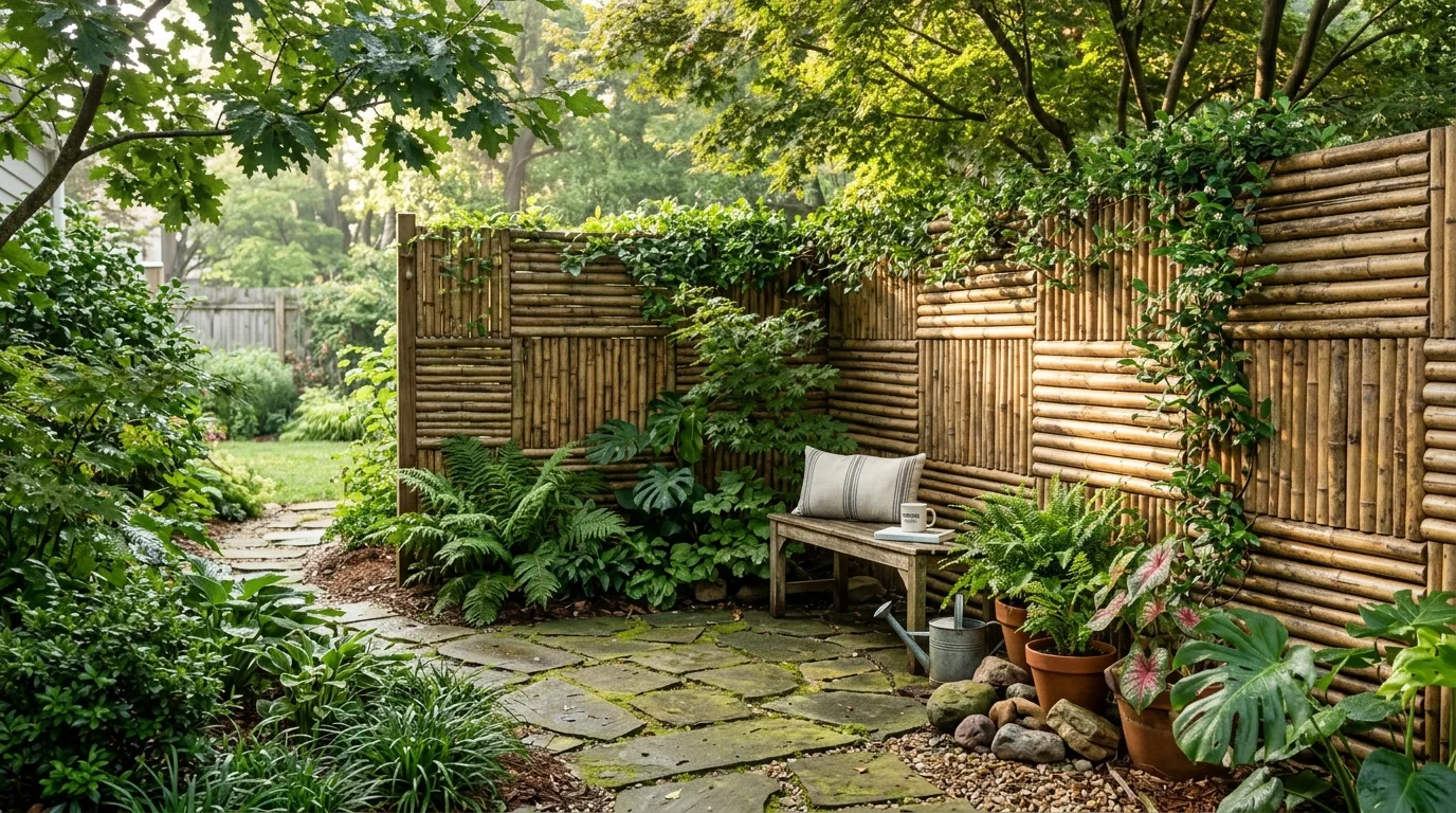 Backyard Corner With Layered Bamboo Panels